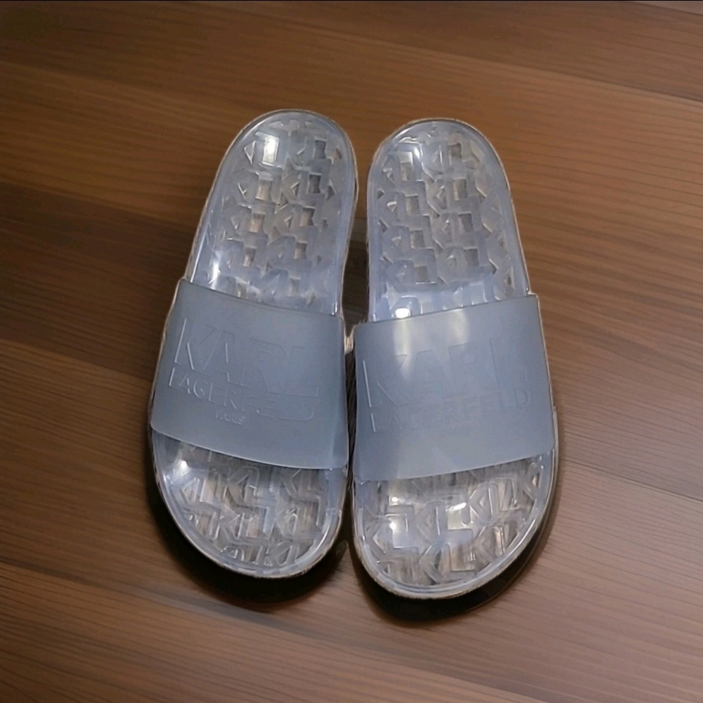 Karl Lagerfeld Clear Jelly Slide Sandals Women’s Size 7 Logo Slip On Pool Beach